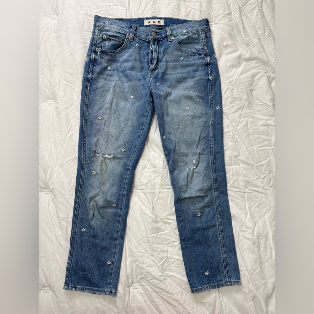 AMO Light Blue Button-Fly daisy embroidered Denim Jeans